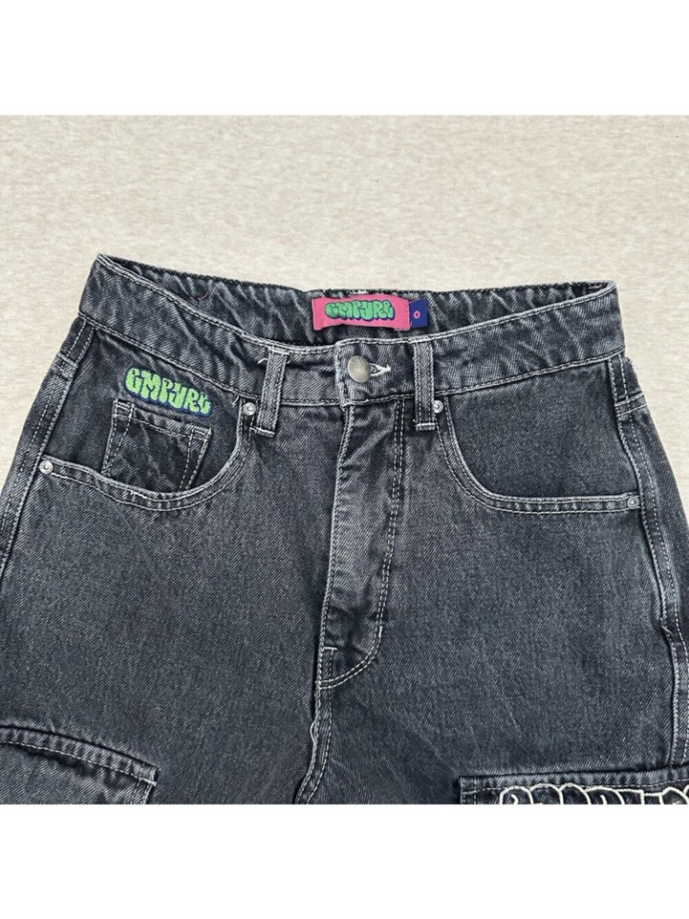 Empyre Men's Size 0 US Black Denim Y2K Skate Baggy Wide Leg Cargo Pants - Picture 5 of 11